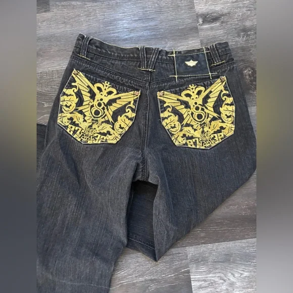 Eight 732 vintage denim embroidered baggy Y2K jeans gold blue oversized fit 36 - Picture 9 of 10